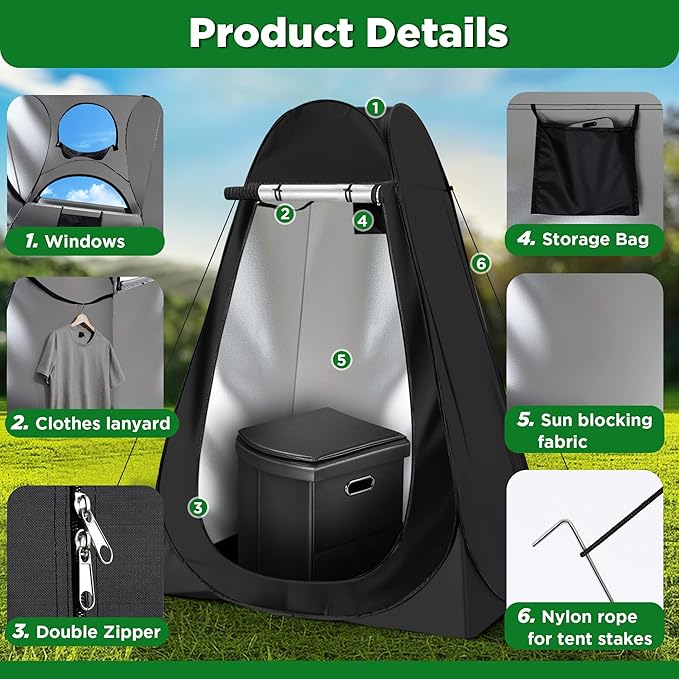 Portable Camping Toilet with Pop-Up Tent, Large Portable Toilet Kit for Adults, Outdoor Camping Shower Changing Room Emergency Tent Kit with Carry Bag for Hiking