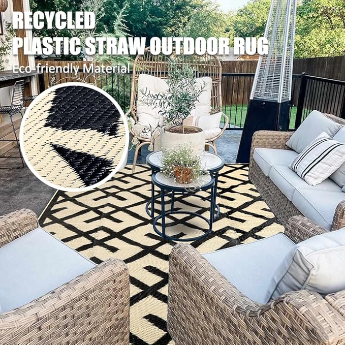 LILIOFFIC Reversible Mats - 5' x 8' Plastic Straw Rug, Outdoor Rug for Patio Clearance Decor, Modern Area Rugs, Floor Mat for Outdoors, RV, Backyard, Deck, Picnic, Beach, Camping, Black & Beige