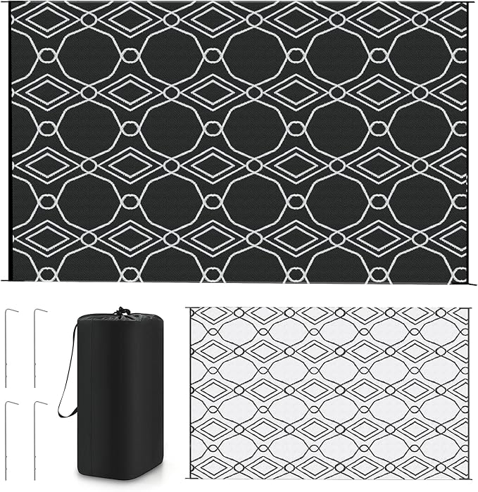 Kohree Outdoor Rugs 9x12 Patios Clearance, Outdoor Patio Rug Waterproof, Outdoor Carpet Camping Mat Rug for RV, Deck, Backyard, Picnic, Porch, with 4 Stakes and 1 Carry Bag, Black, Easy to Clean