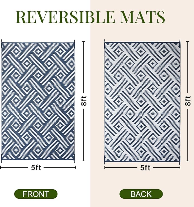 OPPODREAM Outdoor Rug 5x8 Ft, Waterproof Outdoor Plastic Straw Rug for Patio, Reversible Out Door Carpet for Camping, Deck, Rv, 5 x 8 Area Carpet for Balcony, Porch, Backyard, White and Navy Blue