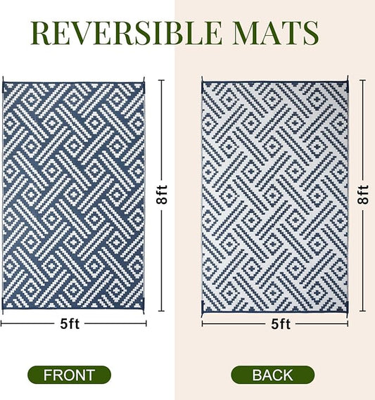 OPPODREAM Outdoor Rug 5x8 Ft, Waterproof Outdoor Plastic Straw Rug for Patio, Reversible Out Door Carpet for Camping, Deck, Rv, 5 x 8 Area Carpet for Balcony, Porch, Backyard, White and Navy Blue