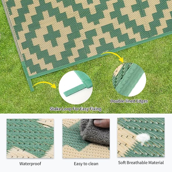 Outdoor Patio Plastic Straw Rug - 8'x10' Outdoor Camping Rug Waterproof Reversible, Area Carpet Patios Clearance RV, Outside Porch Balcony Deck for Camper, Green & Yellow