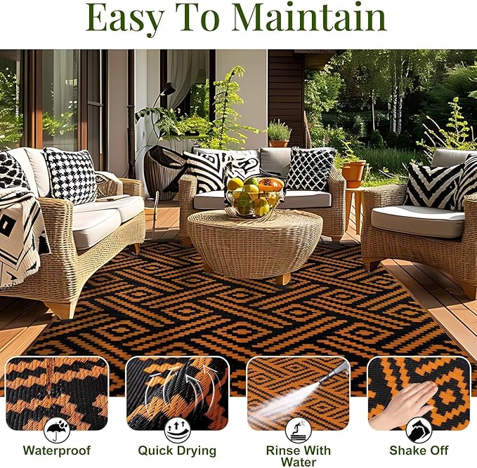 OPPODREAM Outdoor Rug 5x8 Ft, Waterproof Outdoor Plastic Straw Rug for Patio, Reversible Out Door Carpet for Camping, Deck, Rv, 5 x 8 Area Carpet for Balcony, Porch, Backyard, Black and Orange