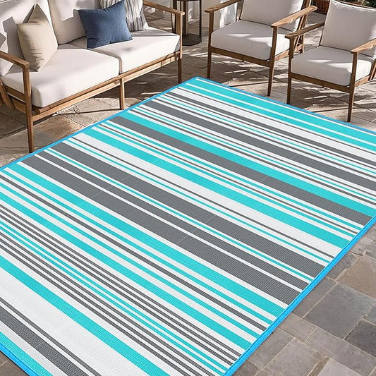 Outdoor Patio Plastic Rug Waterproof - Outdoor Rugs for Camper Outside, Rv, Porch Deck Rug Clearance, Area Carpet for Outside, Balcony, Patio Decor, Blue & Grey, 5x8 ft