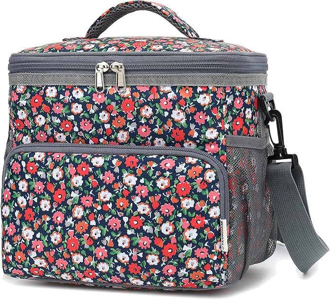 Insulated Reusable Lunch Bag Adult Large Lunch Box for Women and Men with Adjustable Shoulder Strap,Front Zipper Pocket and Dual Large Mesh Side Pockets,Floral