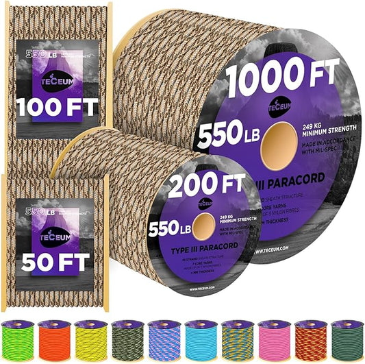 TECEUM Heavy Duty Rope 1000 – 1000ft / 200ft / 100ft / 50ft – 40+ Colors – Utility Rope for Survival & Camping Gear – Nylon String, Camping Rope, para Cord, Utility Nylon Rope, Tent Cord