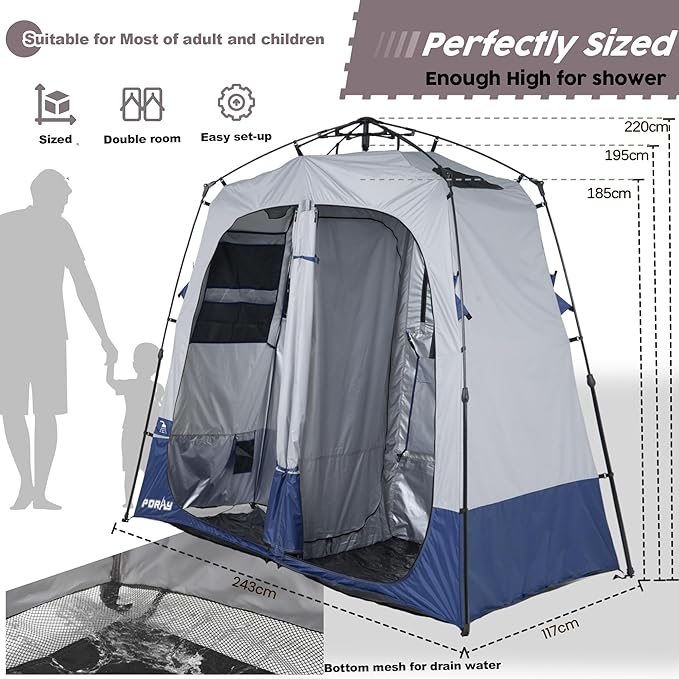 Camping Shower Tent Deluxe Changing Room Easy Set Up Privacy Shelter,Large Toilet Tent 2 Rooms with Floor Drain Design for Beach, Camping,Hiking with Stakes and Ropes for Stability