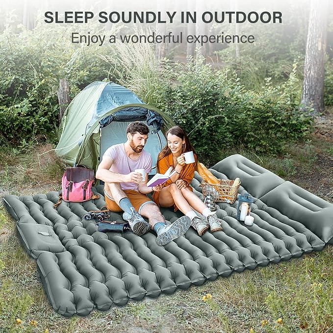 Double Camping Sleeping Pad, Inflatable Camping Pad Foot Press Ultralight 2 Person Camping Mat with Pillow for Camping Hiking Traveling Backpacking Tent - Gray