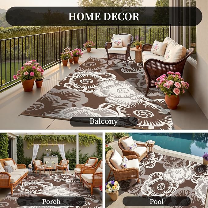 MontVoo Outdoor Rug 8x10 Waterproof Patio Rug-Outdoor Carpet Mat Reversible Plastic Straw Outside Outdoor Rug for RV Camping Picnic Beach Balcony Backyard Pool Deck Farmhouse Floral Beige Brown