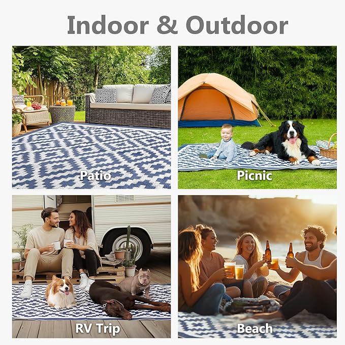 Outdoor Rug 8x10 Patio Waterproof, Plastic Straw Outdoor Carpet - UV Resistant Reversible Indoor Outdoor Rugs for Porch, Camping, Poolside, RV, Balcony, Easy to Clean, Blue and White