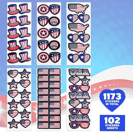 Artcreativity Assorted USA Stickers, Patriotic Stickers for Kids, 100 Sheets with Over 1,000 American Flag Stickers, Memorial Day Crafts for Kids, Memorial Day Stickers Decorations
