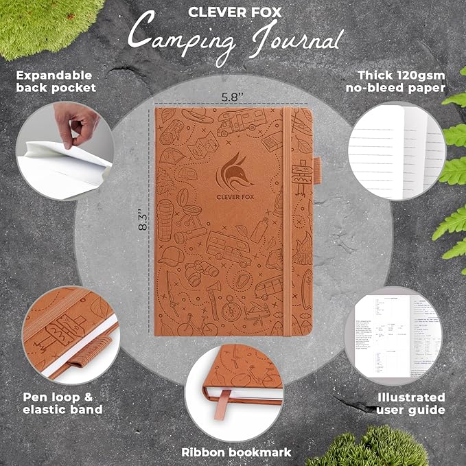 Clever Fox Camping Journal – Camper Log Book & RV Trip Planner – Outdoor Camp Journal & Adventure Travel Notebook – 12 Trips Total, 8 Pages per Trip – Hardcover, A5 Size (Brown)