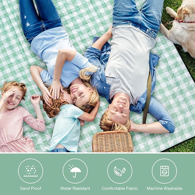 Picnic Blanket, 80''x80'' Waterproof Outdoor Blankets, Picnic Mat Washable for Beach, Picnic Blankets for Camping on Grass with Shoulder Strap - Green & White
