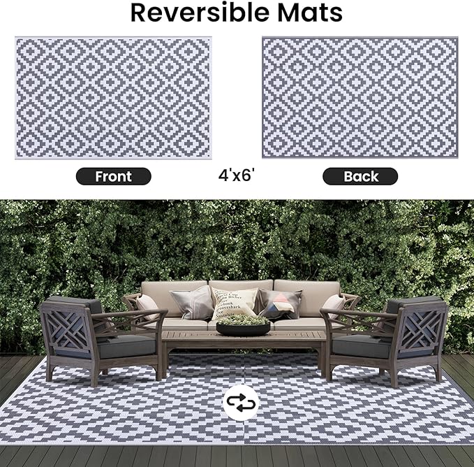 Smiry Waterproof Outdoor Rug 4x6 ft, Reversible Plastic Straw Patio Camping Rugs, Outdoor Indoor RV Mat Carpet for Patio, Outside Entry, Backyard, Deck, Bench, Picnic, Camper, White & Grey