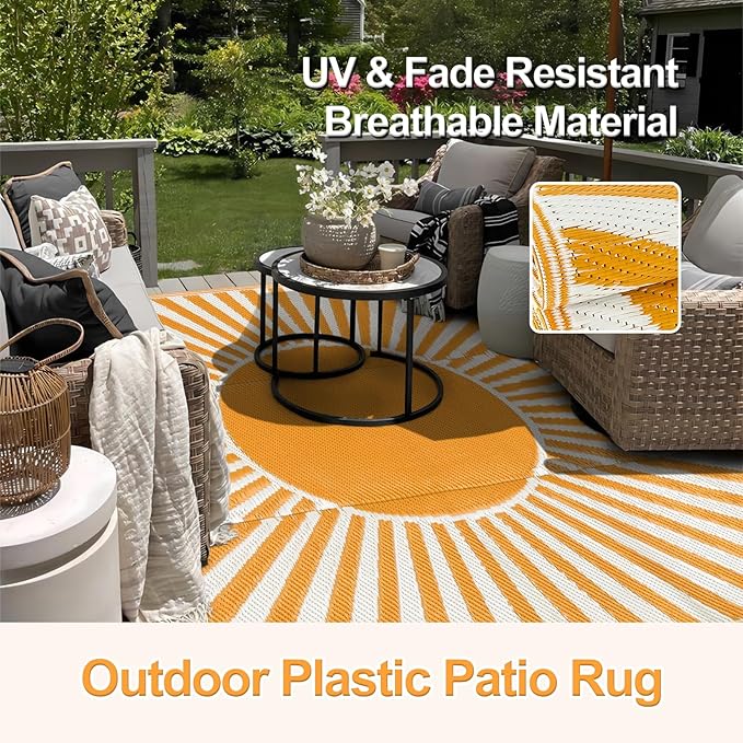 Wonnitar Outdoor Rug 8x10 Patio Waterproof Rugs - Large Reversible Plastic Straw Rug, Portable Outside Camping Mat for RV Deck, Lightweight Outdoor Carpet for Beach Garden (Orange, 8'x10')