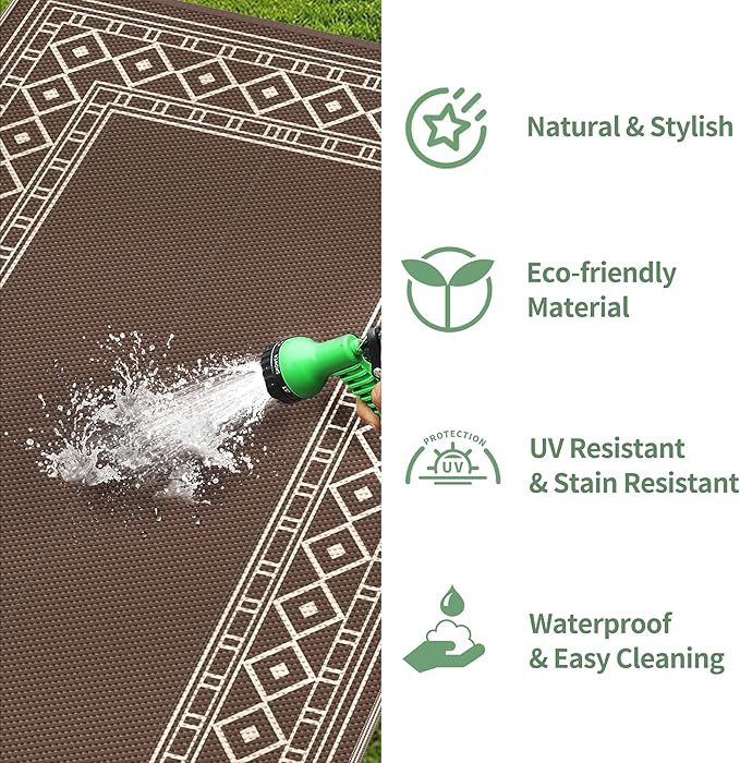 GENIMO Outdoor Rug Waterproof for Patio Decor, 10'x10' Foldable Reversible Plastic Straw Carpet, Outside Area Mat for Rv, Deck, Picnic, Porch, Camper, Balcony, Beach, Coffee & Beige