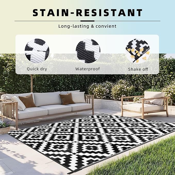 Favoyard Outdoor Rug 4x6 ft Waterproof Reversible Patio Plastic Straw Rugs for Decor Clearance Outside Large RV Camping Area Carpet Mat for Porch Deck Balcony Pool Backyard Picnic Beach Camper Door