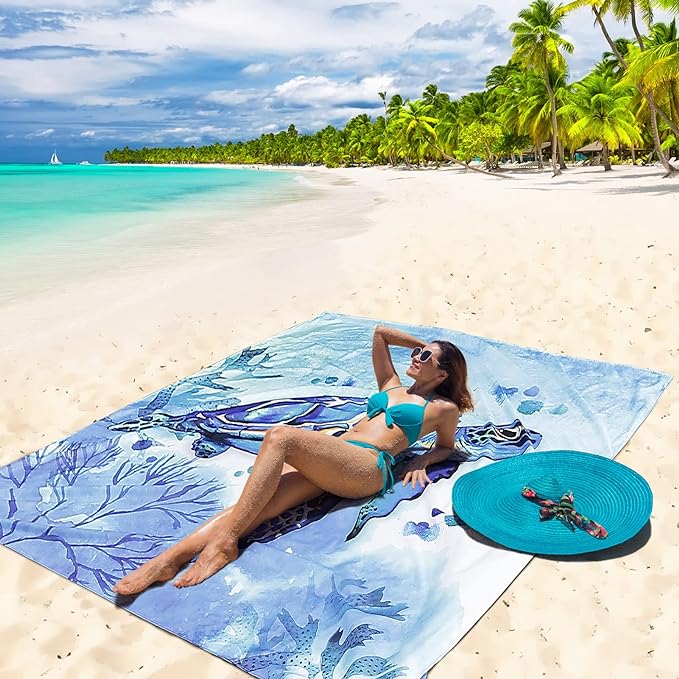Beach Blanket, Sandproof Beach Mat, Waterproof Quick Drying Lightweight Outdoor Aztec Picnic Mat 79" X 83"/120"x108" for 2-8 Adults for Travel, Camping, Hiking