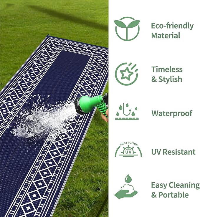 GENIMO Outdoor Rug Waterproof for Patio, 2.5'x8' Foldable Reversible Plastic Straw Runner Rug Carpet for Porch, Outside Area Mat for Rv, Deck, Picnic, Camper, Balcony, Beach, Blue & White
