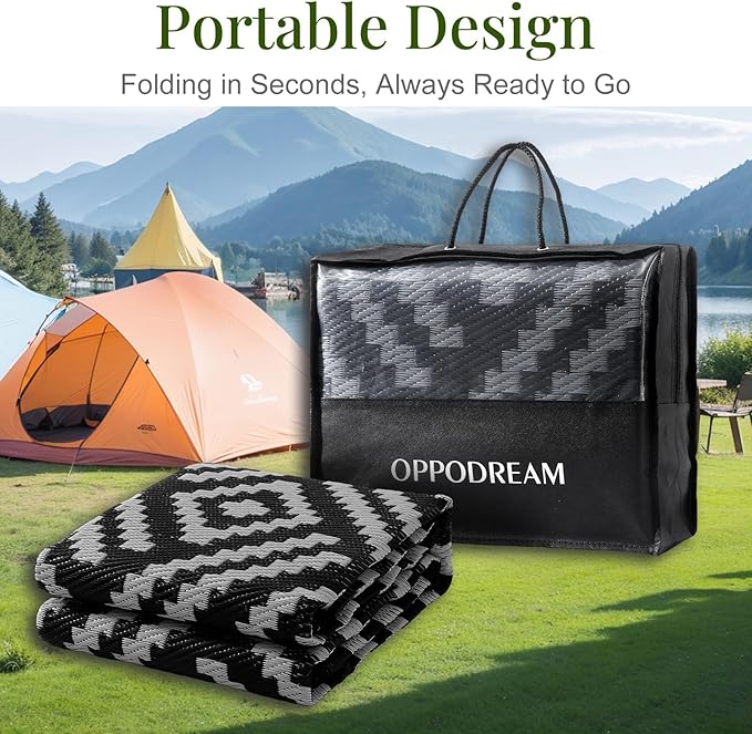 OPPODREAM Outdoor Rug 4x6 Ft, Waterproof Outdoor Plastic Straw Rug for Patio, Reversible Out Door Carpet for Camping, Deck, Rv, 4 x 6 Area Carpet for Balcony, Porch, Backyard, Black and Grey