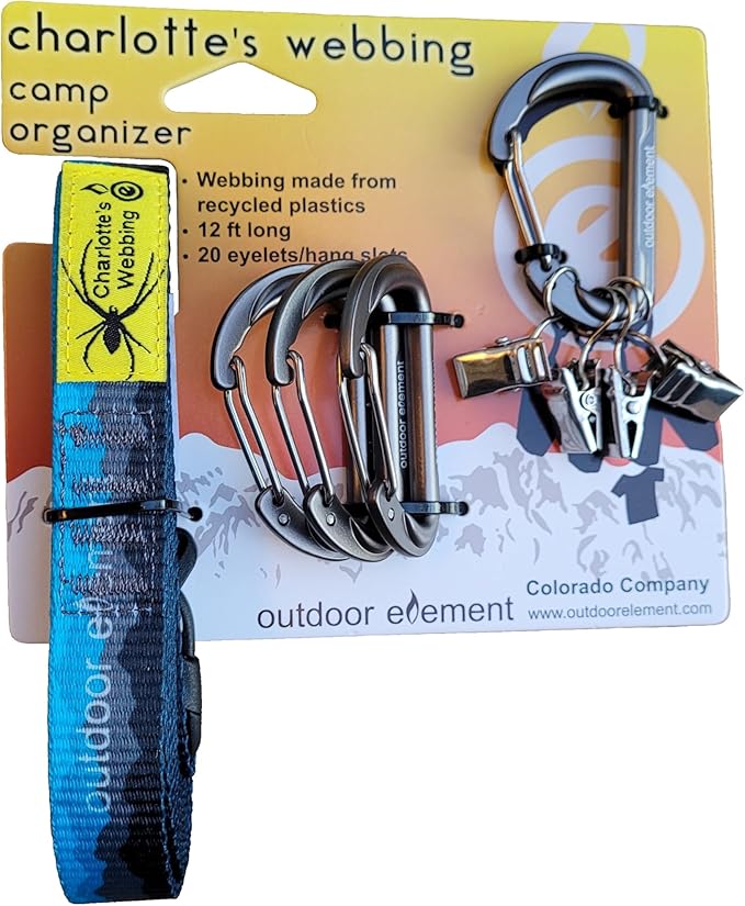 Charlotte’s Webbing™ Camp Organizer – 12' Gear Hanging Clothesline System with Adjustable Webbing, Aluminum Carabiners & Clips | Overlanding, Camping, Water Sport & Garage Organization