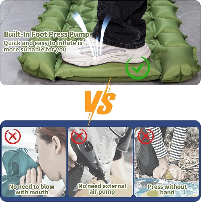 Single Sleeping Pad for Camping, Ultralight Inflatable Sleeping Mat with Pillow and Built-in Foot Pump, Portable Camping Mattress for Tent, Backpacking, Hiking, Traveling (Single,Green)