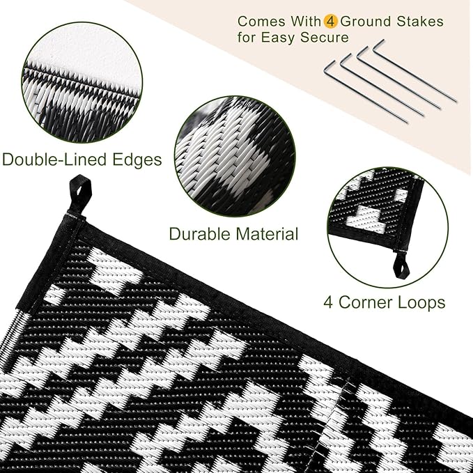 OPPODREAM Outdoor Rug 9x12 Patio Waterproof, Large Outdoor Plastic Straw Rug, Reversible Out Door Carpet for Camping, Deck, Rv, 9 x 12 Area Carpet for Balcony, Porch, Backyard, Black and White