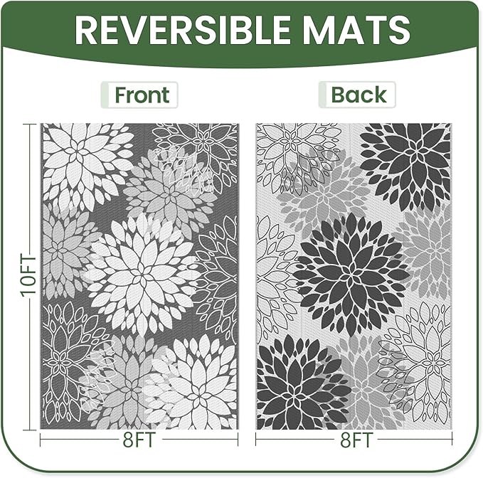 LuxStep Outdoor Rug Waterproof Outdoor Plastic Straw Rug Reversible Patio Rug Mat Outdoor Decor Large Area Mats for RV, Picnic, Backyard, Deck, Balcony, Porch, Beach, Camping, 8' x 10' Grey