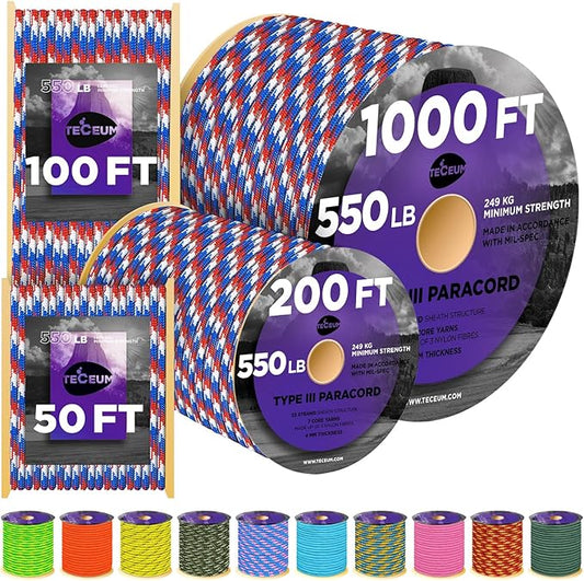 TECEUM Heavy Duty Rope 1000 – 1000ft / 200ft / 100ft / 50ft – 40+ Colors – Utility Rope for Survival & Camping Gear – Nylon String, Camping Rope, para Cord, Utility Nylon Rope, Tent Cord