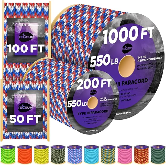 TECEUM Heavy Duty Rope 1000 – 1000ft / 200ft / 100ft / 50ft – 40+ Colors – Utility Rope for Survival & Camping Gear – Nylon String, Camping Rope, para Cord, Utility Nylon Rope, Tent Cord