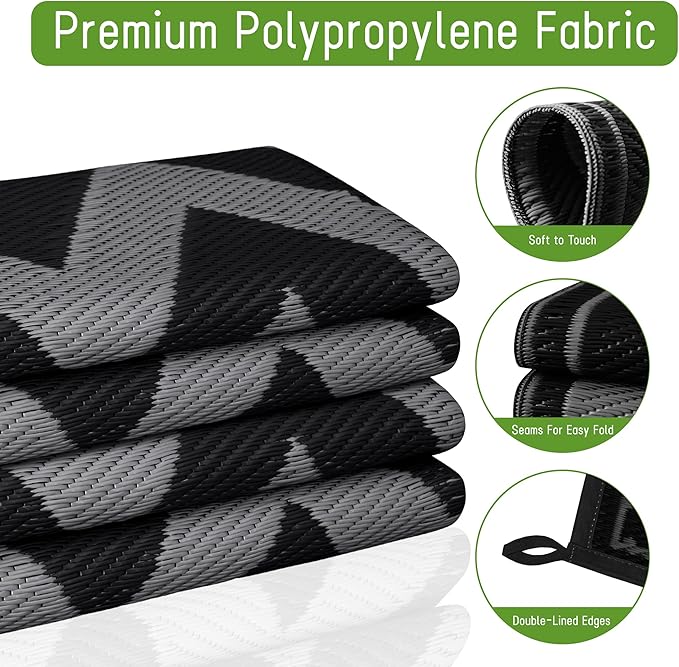 Easy-Going Reversible Outdoor Rugs 6x9ft Waterproof Plastic Straw Rug Stain & UV Resistant Floor Mat for Patio Porch RV Backyard Pool Deck Picnic Beach Trailer Camping (Waved Black & Grey)