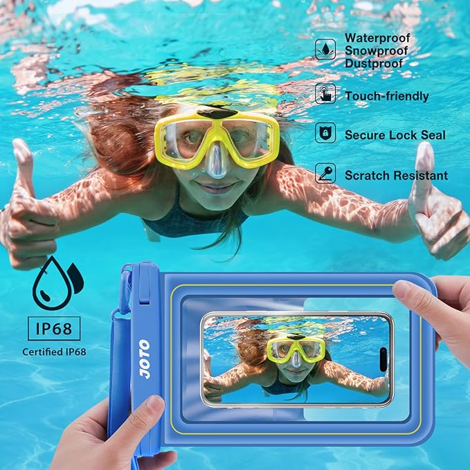 JOTO [IP68 Floatable Large Floating Waterproof Phone Pouch Up to 10", Underwater Phone Case Cellphone Dry Bag for iPhone 16 15 14 13 12 11 Pro Max Xs Max XR X 8 7 Plus SE/Galaxy S24 S23 S22 -Blue