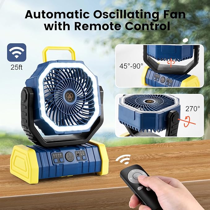 Odoland 30000mAh Camping Fan with LED Lantern, Rechargeable Battery Operated Oscillating with Remote Hook Stroage Bag, Portable Tent Fan with Timer, 4 Speeds for Outdoor RV Jobsite Power Outage, Blue