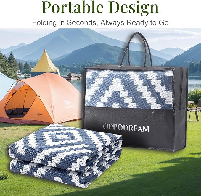 OPPODREAM Outdoor Rug 9x12 Patio Waterproof, Large Outdoor Plastic Straw Rug, Reversible Out Door Carpet for Camping, Deck, Rv, 9 x 12 Area Carpet for Balcony, Porch, Backyard, White and Navy Blue