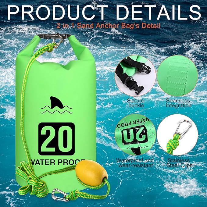 4 Set 2 in 1 Sand Anchor and Buoy Kit Floating Bag Kayak Anchor Waterproof Dry Bag for Lake Beach Boats Watercrafts Hiking Camping Water Sports Surfing Tubing Kayaking(Green)