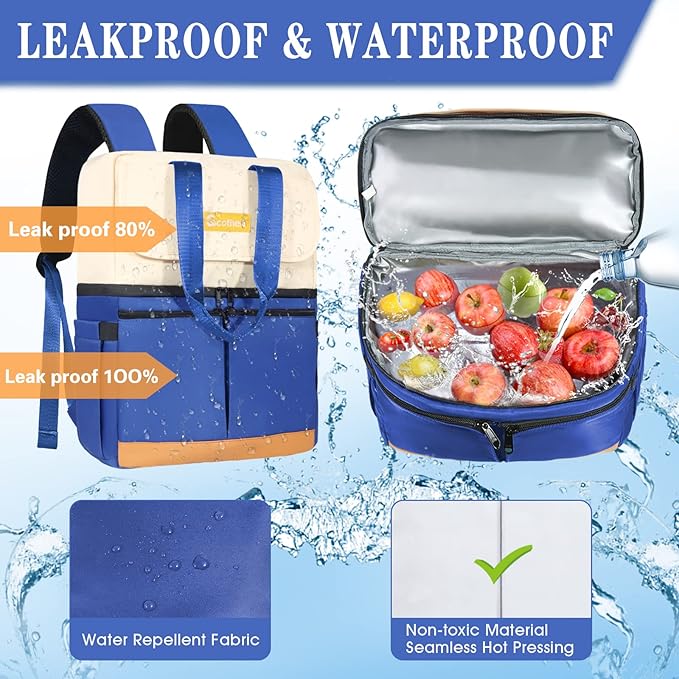 Backpack Cooler with Double Decker & 12 Ice Packs- Keeps 36 Cans Cold for Up to 24 Hours- Waterproof & Leak Proof Insulated Cooler Backpack- Stylish Cooler Bookbag for Women Travel Work Beach