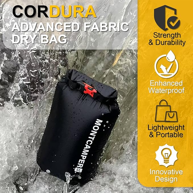 CORDURA Waterproof Dry Bag-Upgraded Tear-Resistant Roll Top Sack with Survival Whistle -Ultra-Light&Portable-Designed for High-Intensity Adventures-Keeps Gear Dry&Secure (5L/Black)