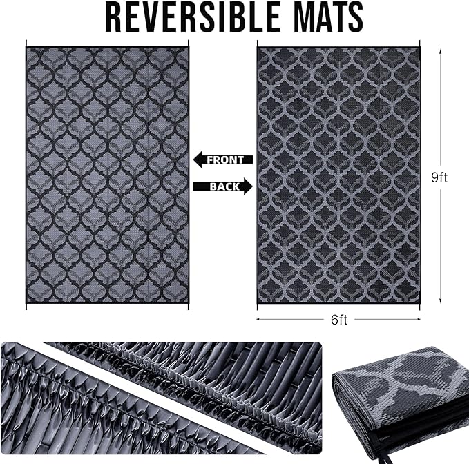 OLANLY Reversible Outdoor Rug 6x9 ft Clearance, Waterproof Outdoor Plastic Straw Rug with Interlacing Pattern, RV Mat for Patio, Camping, Balcony, Deck, Backyard, Black & Grey