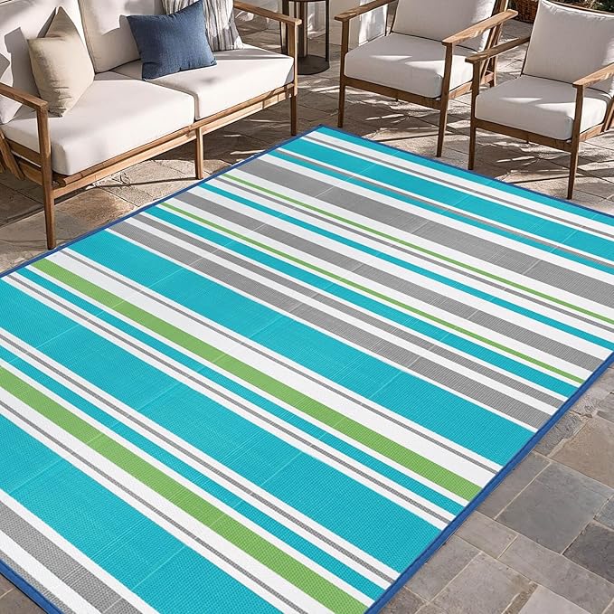 Outdoor Patio Plastic Rug Waterproof - Outdoor Rugs for Camper Outside, Rv, Porch Deck Rug Clearance, Area Carpet for Outside, Balcony, Patio Decor, Turquoise & Grey, 4x6 ft