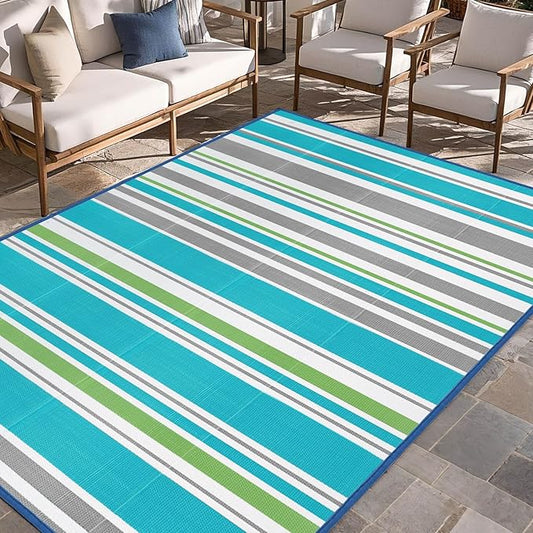Outdoor Patio Plastic Rug Waterproof - Outdoor Rugs for Camper Outside, Rv, Porch Deck Rug Clearance, Area Carpet for Outside, Balcony, Patio Decor, Turquoise & Grey, 4x6 ft