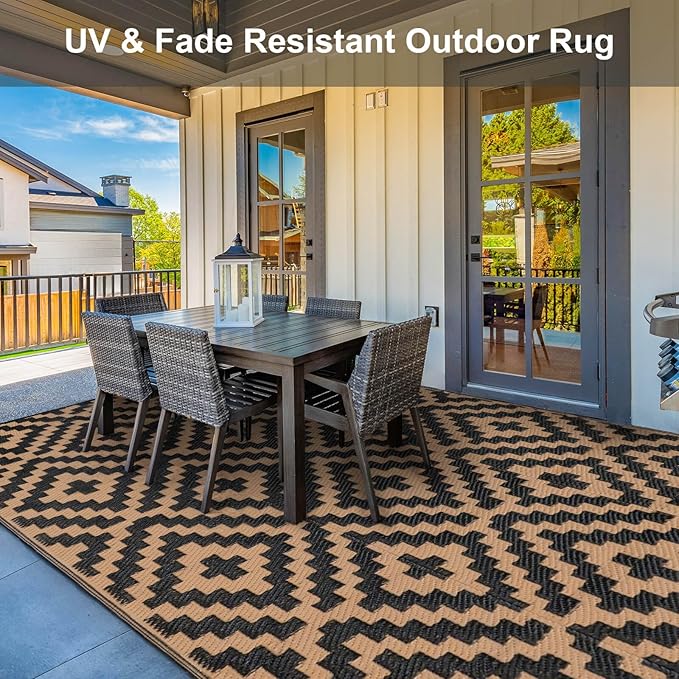 Outdoor Patio Plastic Straw Rug - 8'x10' Outdoor Camping Rug Waterproof Reversible, Area Carpet Patios Clearance RV, Outside Porch Balcony Deck for Camper, Black & Brown
