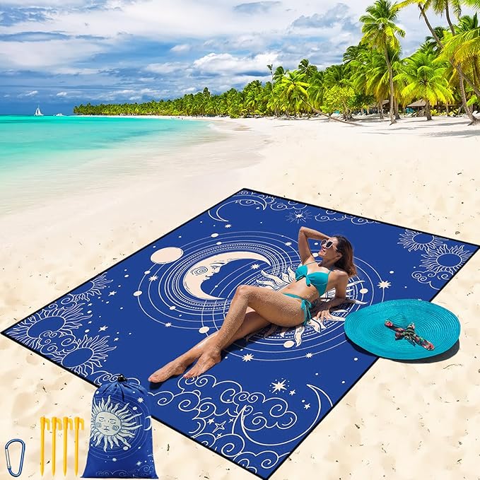 Beach Blanket Waterproof Sandproof Beach Mat 79" X 83" /10'x9'for 2-8 Adults Quick Drying Outdoor Picnic Mat Beach Accessories for Travel, Camping, Hiking