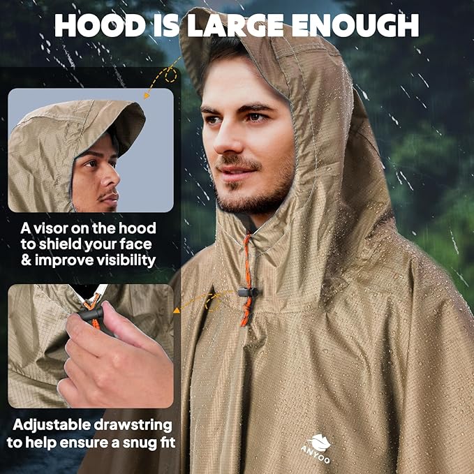 ANYOO Hooded Rain Poncho for Adults Waterproof Lightweight Rain Coat for Men Women Reusable Rain Jacket for Emergency Outdoor