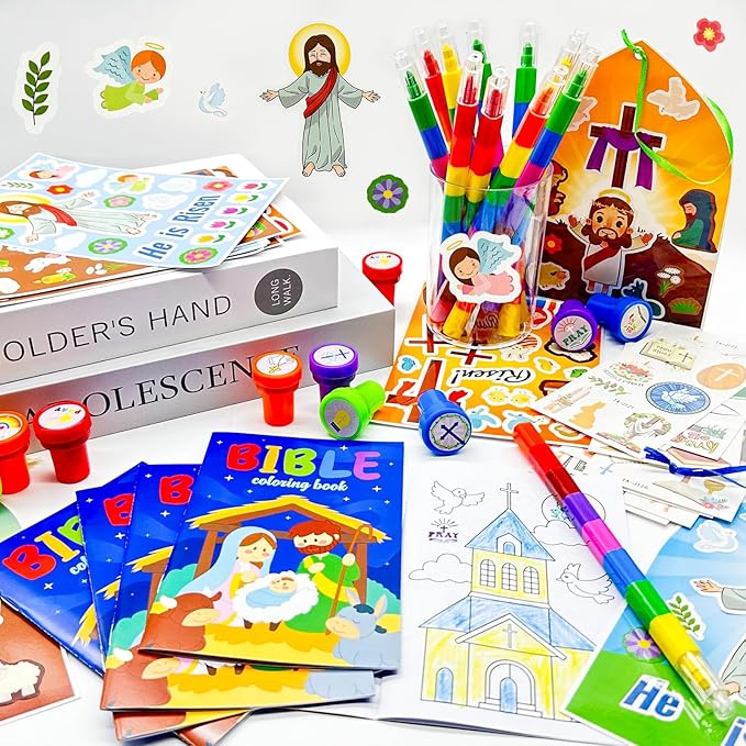 60 Pcs Easter Religious Party Favors,Christian Easter Basket Goodie Bag Stuffers,Easter Coloring Books with Stacking Crayons Bulk, Novelty Prizes DIY Scenes Stickers for Bible School Preschoolers