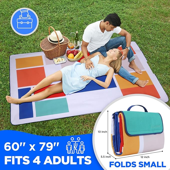 scuddles Picnic Blanket Extra Large 60 X 80, 3 Layers Outdoor Blanket, Water-Resistant Handy Mat Tote Spring Summer Blanket for The Beach