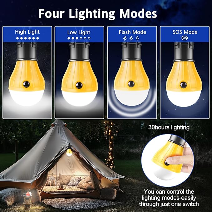 PEMOTech Camping Lights 6 Pack - Portable 5 pcs Tent Lights & 1pcs RGB Mode Lantern Bulb with Clip Hook, Emergency Lights Tent Lamp Camping Accessories for Camping Hiking Backpacking Fishing Outage