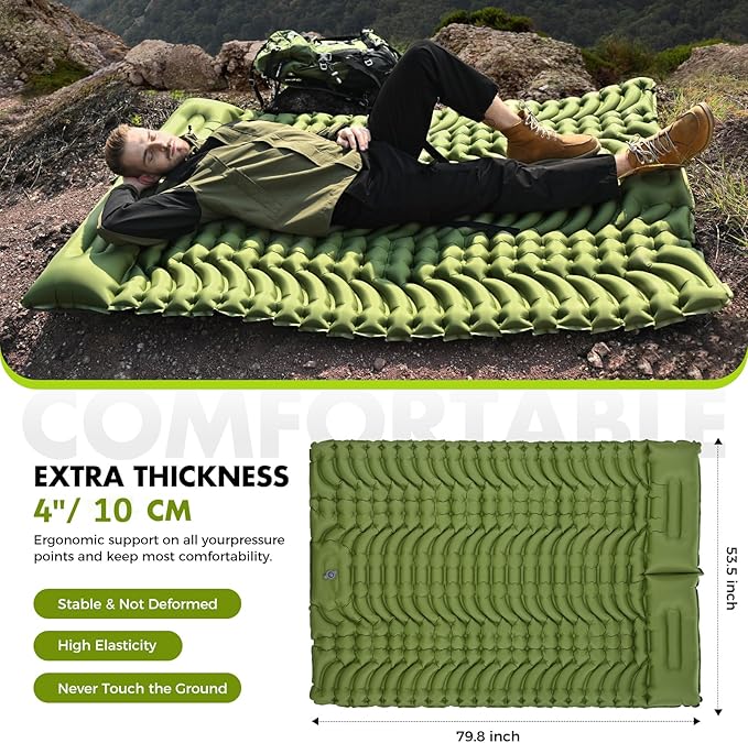 Camping Sleeping Pad,Double Sleeping Pad for Camping-Self Inflating 4" Extra-Thick for 2 Person with Pillow Built-in Foot Pump Inflatable Sleeping Mat for Backpacking,Hiking,Traveling,Tent