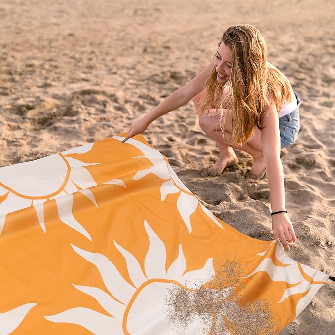 Large Beach Blanket Waterproof Sandproof, 78''×86'' Beach Mat Sand Free for 2-4 Adult with Stakes and Pocket, Foldable Picnic Blankets for Outdoor, Camping Hiking, Vacation Essentials-Boho Sun Rise