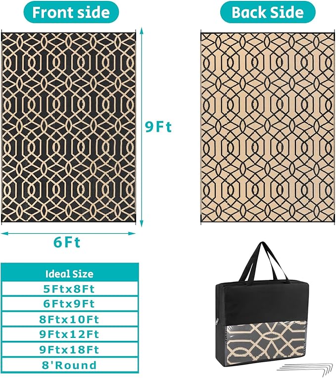 HEBE Outdoor Rug 6'x9' for Patios Waterproof Clearance Reversible Patio Mat Plastic Straw Rug RV Camping Mat Outside Area Rug Carpet for Camping RV,Porch,Deck,Balcony,Camper,Backyard