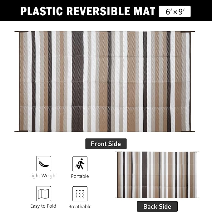 Outdoor Waterproof Rug 6'x9' Plastic Straw Rugs Washable Reversible Floor Mat Brown Stripe Carpet for Camping RV Deck Entryance Porch Picnic Balcony Beach Backyard